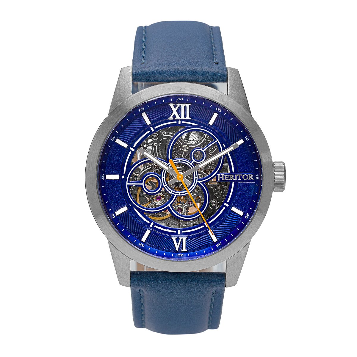 Heritor Automatic Jonas leren band skelethorloge - zilver-blauw