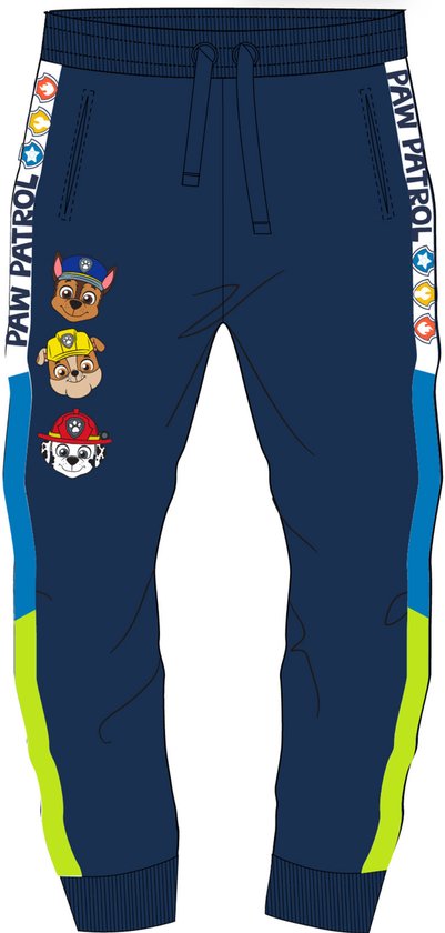 Donkerblauwe joggingbroek met Paw Patrol print van Chase, Marshall en Rubble. Band met Paw Patrol logo op de zijkant.