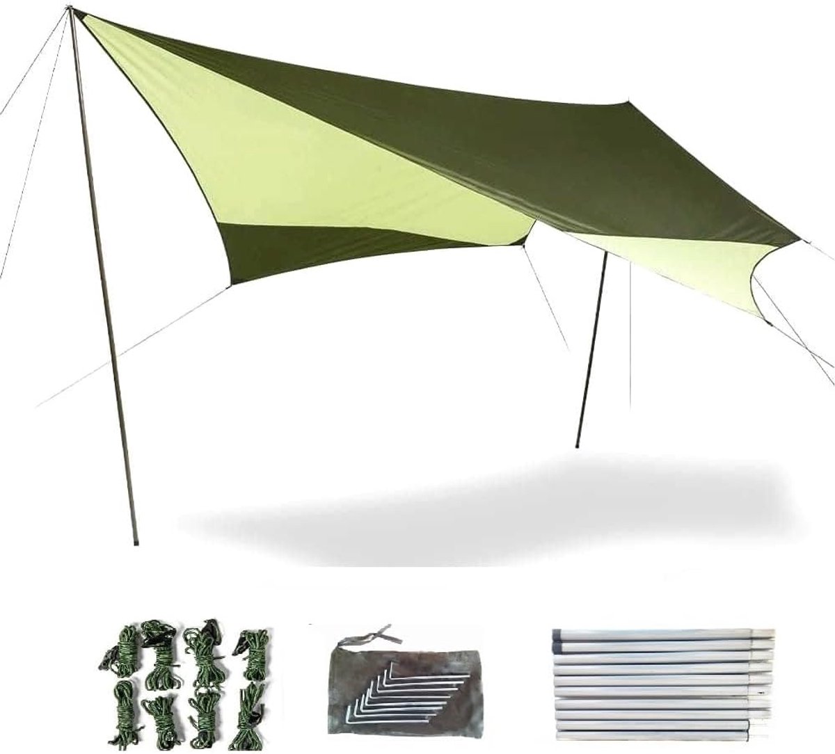 Themori Hexagon Tarp 435x444cm Vuurvertragend Tentzeil – UPF50+ – Teflon Coating – PU2500mm – Inclusief 231cm Stalen Stang – Outdoor Schaduwdoek