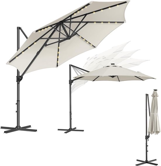 FurnStar - Parasol 300 cm - Parasol déporté - 28 lampes solaires LED- Protection UV UPF 50+ - Rotatif à 360° - Inclinaison réglable en continu - Avec manivelle, pied croisé - Blanc crème