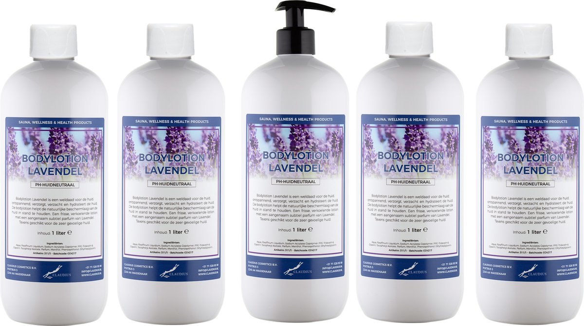 Bodylotion Lavendel 1 Liter - met gratis pomp - set van 5 stuks - Voordeelverpakking