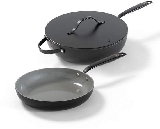 Zwarte wokpan met deksel en grijze koekenpan, op witte achtergrond.