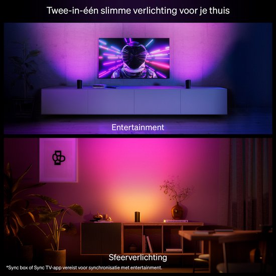 Deux exemples de Philips Hue Play wall washers créant un éclairage d'ambiance et de divertissement.