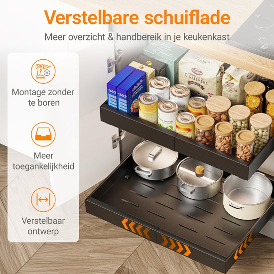 Schuiflade Zonder Boren 2 Stuks Keuken Schuifladen - Uittrekbare Kastorganizer, Geen Boren Nodig, Afmeting 25x43x7 Cm (zwart) Uittrekbare Lade 25x43x7 Cm Zwart Geen Boren