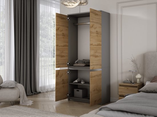 Open kast met houten deuren, antracietkleurige zijkanten, een hanggedeelte en legplanken.