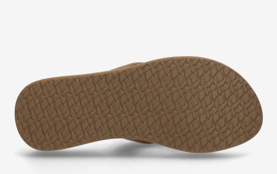 Onderkant van een cognacbruine Reef slipper met een visgraatprofiel.