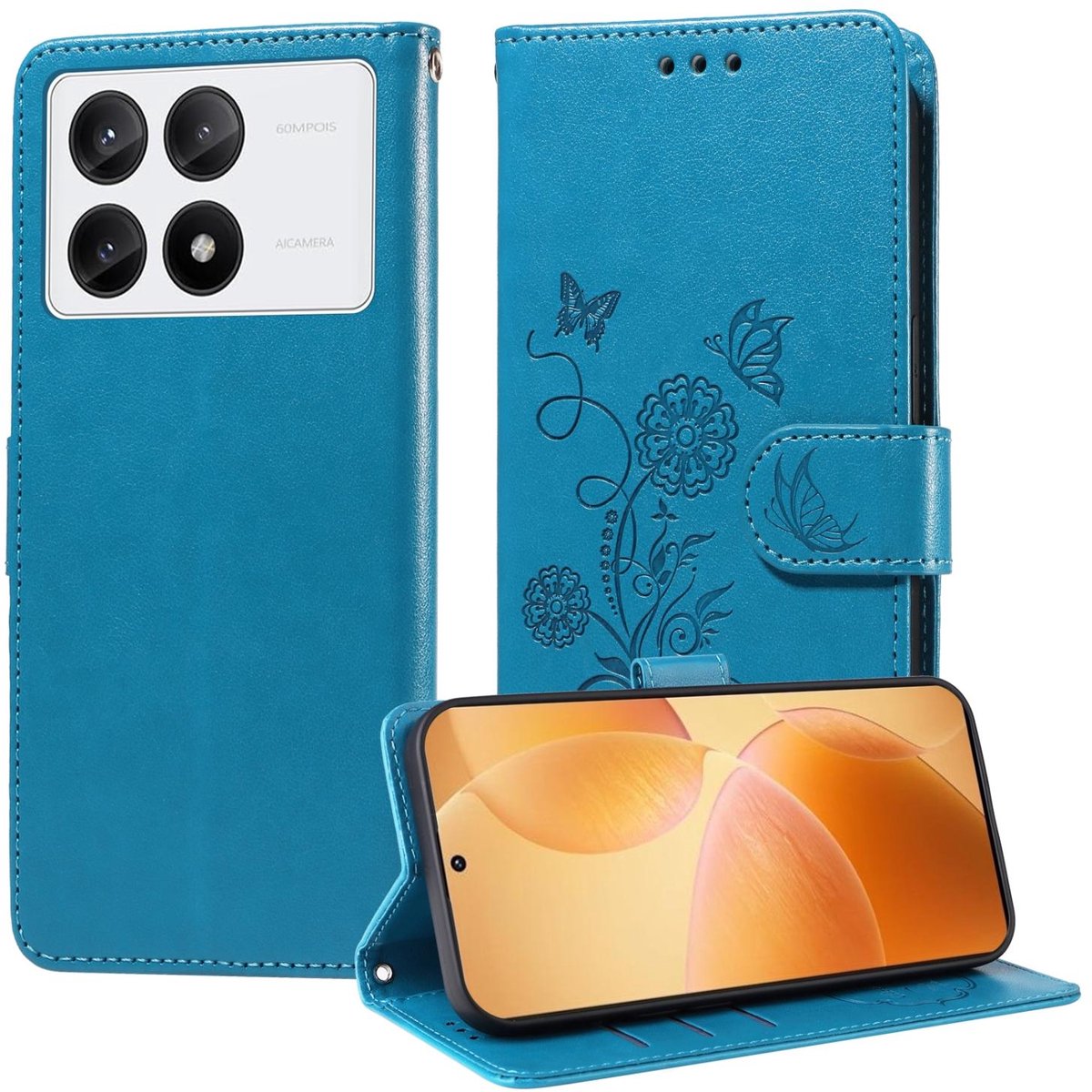 Mobigear Telefoonhoesje geschikt voor POCO X6 Pro Hoesje | Mobigear Flowers Bookcase Portemonnee | Pasjeshouder voor 3 Pasjes | Telefoonhoesje voor Pinpas / OV Kaart / Rijbewijs - Blauw