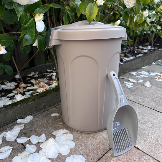 Tonneau avec couvercle « Jerry » - 23 litres - Tonneau d'alimentation - Tonneau de stockage - Conteneur d'alimentation - Avec pelle - Taupe