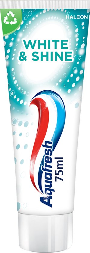 Tube Aquafresh White & Shine tandpasta met rode, blauwe en witte strepen, 75ml. Witte en turquoise verpakking met bubbels.