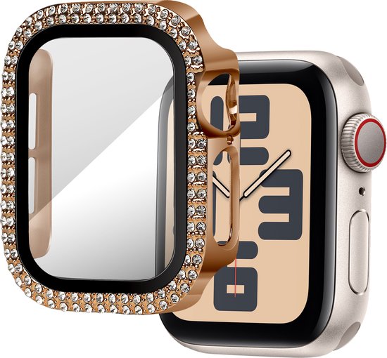 Bandz Diamond beschermhoes met screenprotector geschikt voor Apple Watch 10 - 42mm & Apple Watch 11 - 42mm case case - hardplastic beschermhoes - glazen screenprotector - Full cover case + screenprotector (rosé goud)