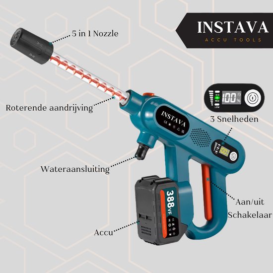 Instava Accu hogedrukreiniger zonder Accu - Geschikt Voor Makita 18v Accu - 6-1 Draadloze Hogedrukreiniger 60bar van Instava — afbeelding 2