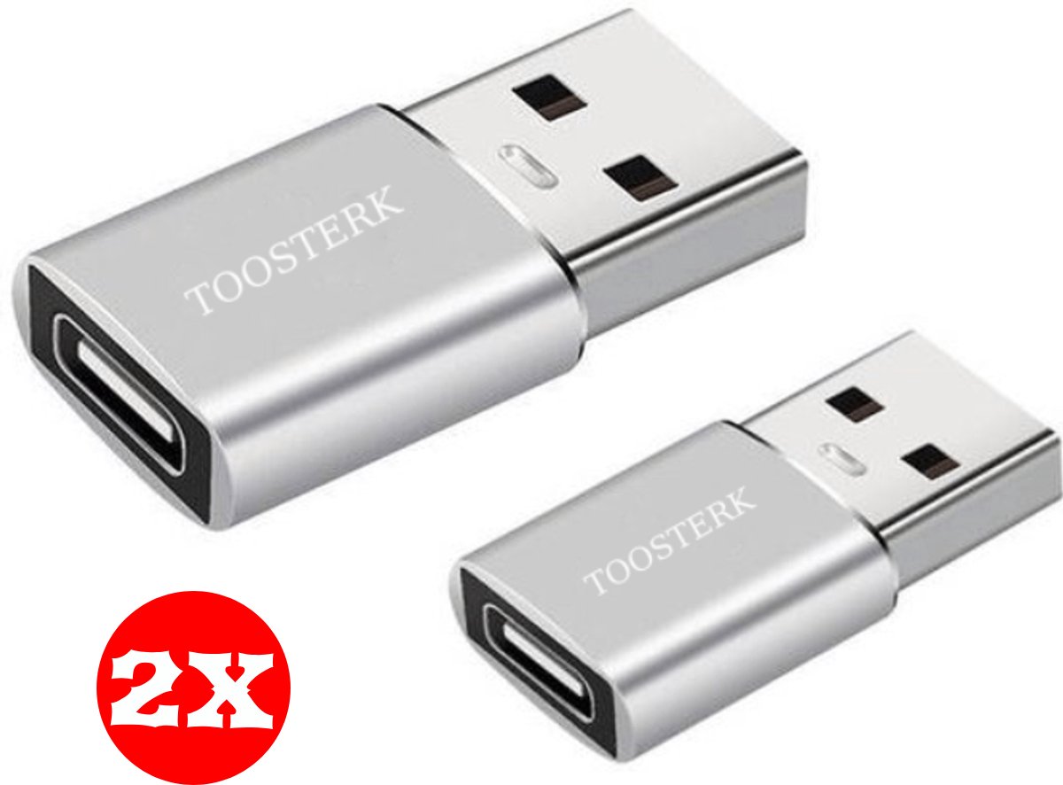 Toosterk USB Type-C Adapter - USB 3.1 Type C Vrouwelijke Converter naar USB 3.0 Type A Male. Ondersteunt gegevensoverdracht met hoge snelheid en opladen | silver | 2 Stuks