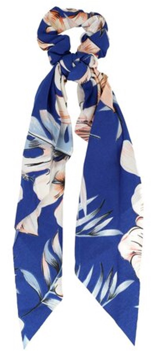 Haarsoires Haarelastiek Scrunchie – Bloemenprint – 25cm Linten – Gladde Stof – Wit Blauw - Haarkrinkel - Haar Elastiek met Stof - Zacht & Haarvriendelijk