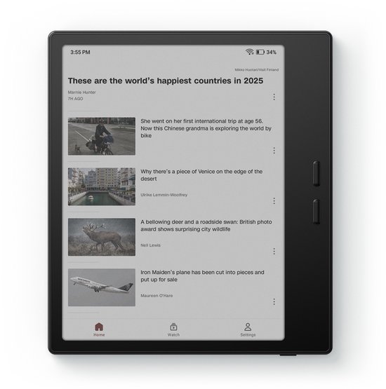 Zwarte BOOX Go Color 7 Gen II e-reader met artikel "These are the world's happiest countries in 2025".