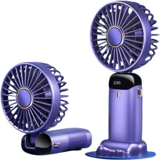 Draagbare handventilator paars USB oplaadbaar 5 snelheden stil met telefoonstandaard en LED-display