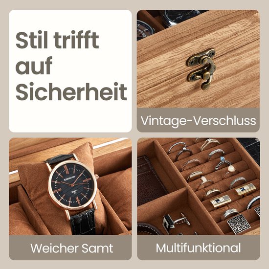 Ohuhu Horlogebox met 12 vakken, horlogekast met glazen deksel, houtnerf horlogehouder met afneembare fluwelen kussens, PU-leer, metalen sluiting, cadeau-idee voor verjaardag Kerstmis