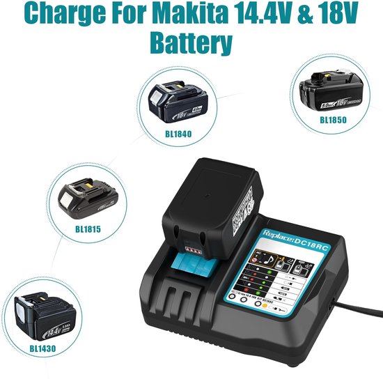 Geschikt voor DC18RC 3A-lader voor Makita 18V-lader, compatibel met Makita 14,4V-18V-accu BL1850B BL1850 BL1840 BL1830 BL1820 BL1415N BL1430 van Merkloos	 — afbeelding 3