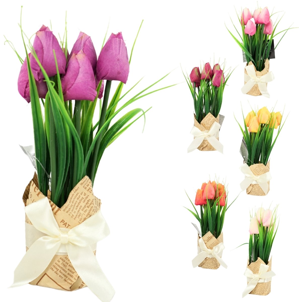 Kunstbloemen 6 tulpen in cadeauverpakking 23 cm assorti kleur, doos met 6 bossen