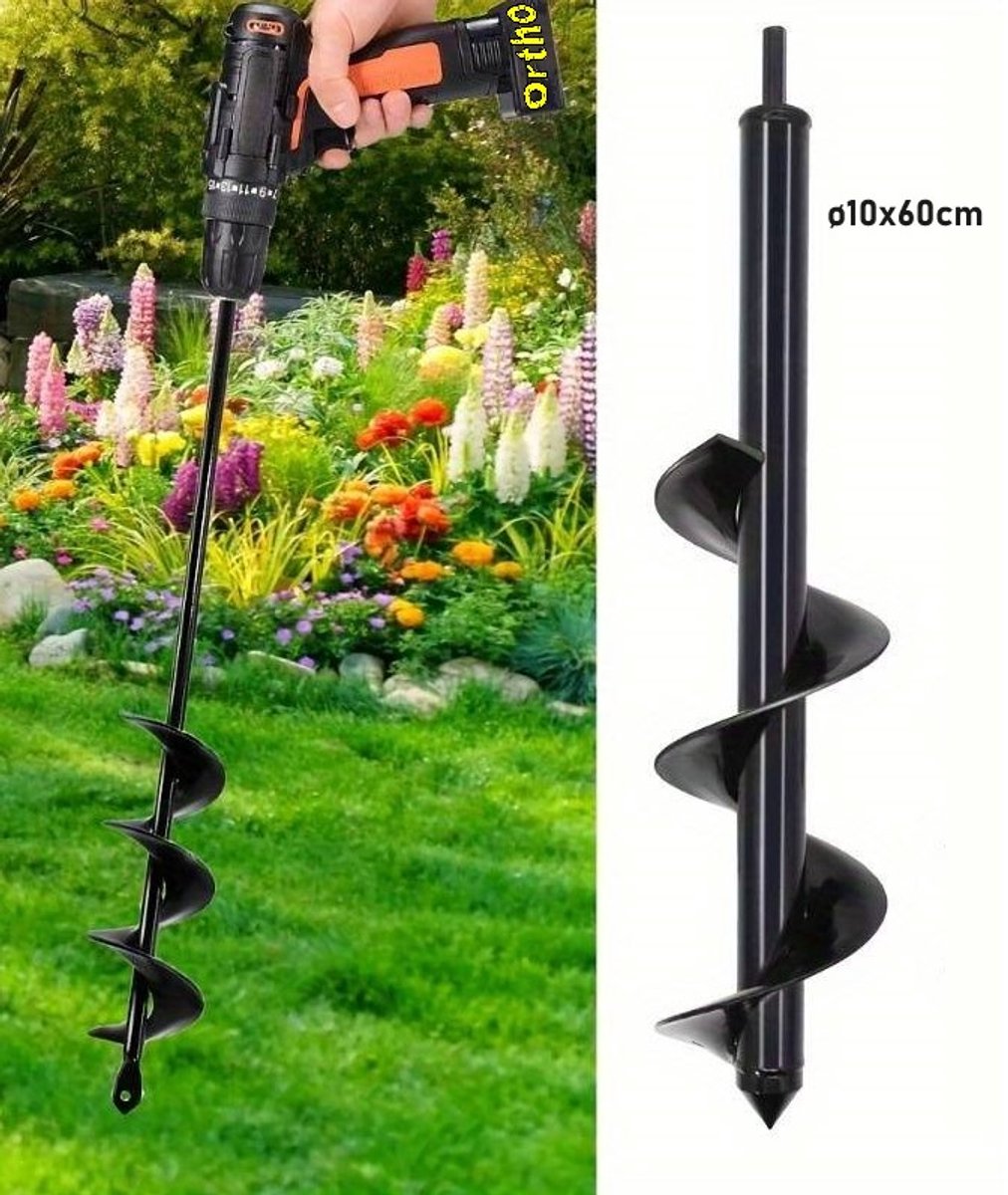 Ortho® - Grondboor voor boormachine - ø10x60 cm - Bollenboor - Zwart - Eenvoudig in gebruik - Compacte handgrondboor Groot