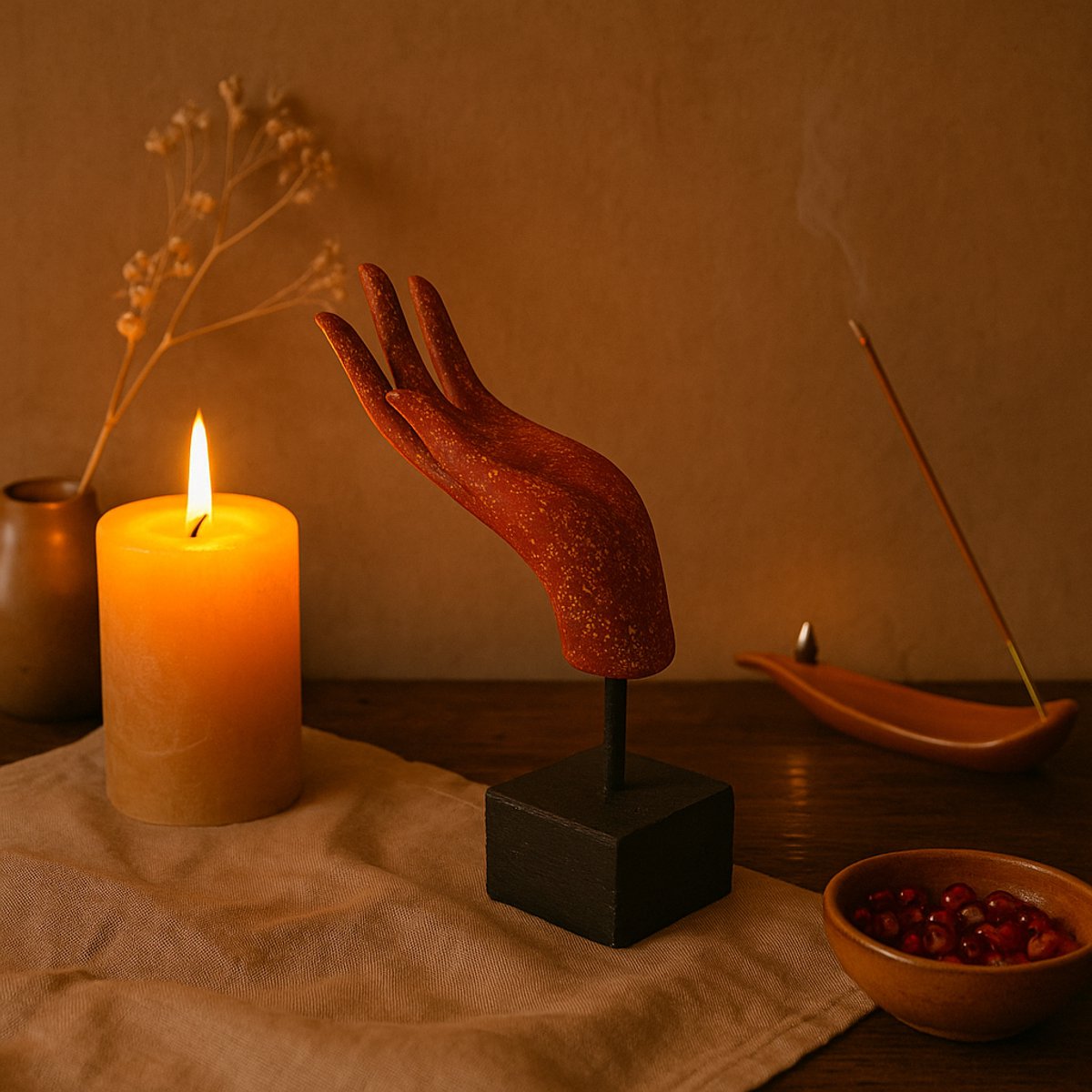 Hand of Boeddha rood/goud - boeddhabeeld - Abhaya Mudra - Handmade - Spititualiteit - Decoratief - H28 cm