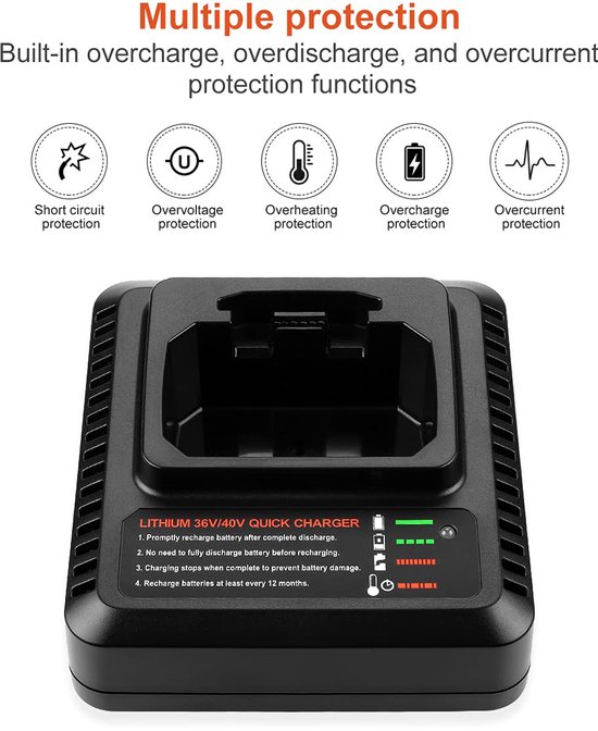 Geschikt voor Vervangende lader LCS36/BDC2A36 voor Black & Decker 36V-lader, compatibel met Black & Decker 36V/40V-accu BL20362 LBX2040 LBX36 LBXR36 LBXR2036 van Powerymax — afbeelding 4