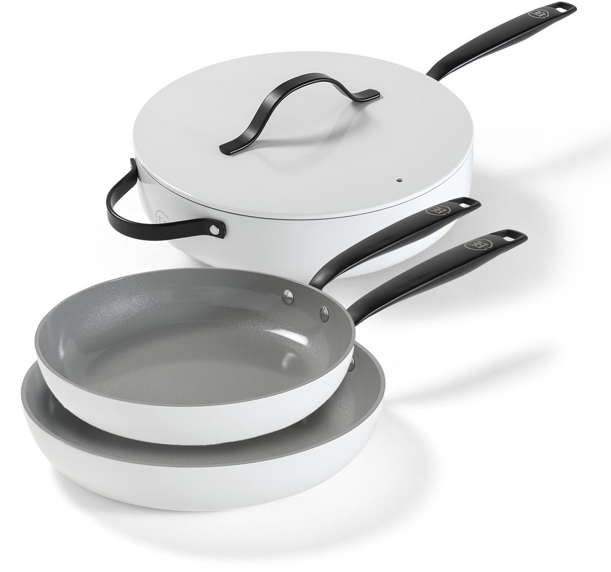 BE Living 3-delige Pannenset - Ø 24 & 28 cm Koekenpan + Ø 28 cm Hapjespan - Bakpan - Keramisch - PFAS Vrij Anti Aanbak - Inductie Pannen - Wit - Essential Series