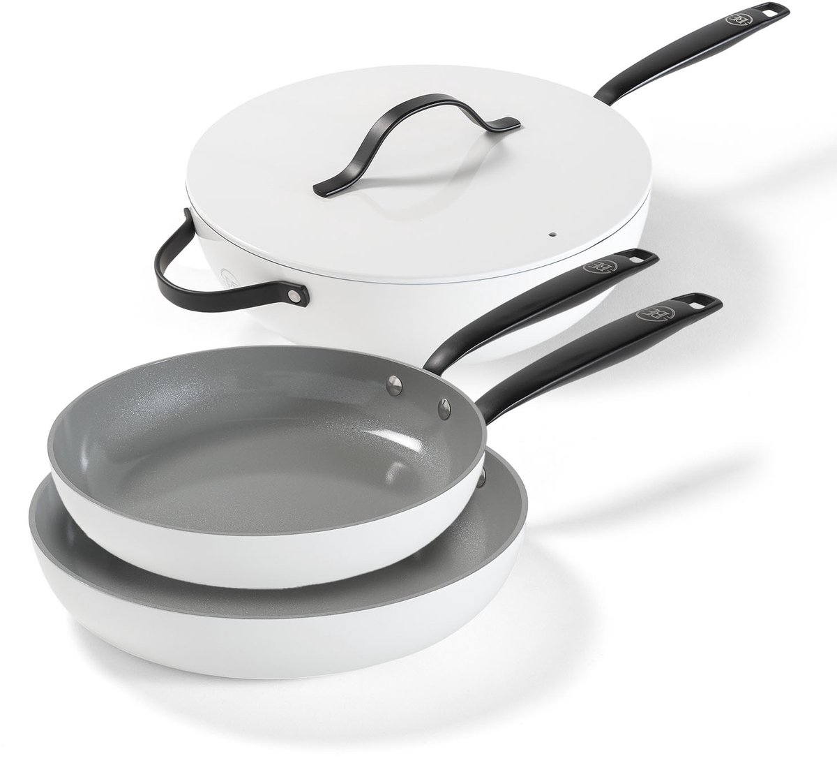 BE Living 3-delige Pannenset - Ø 24 & 28 cm Koekenpan + Ø 30 cm Wokpan - Bakpan - Keramisch - PFAS Vrij Anti Aanbak - Inductie Pannen - Wit - Essential Series