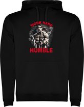 Zwarte unisex hoodie met “ Kleurrijke Work Hard be Humble – Bodybuilden – Vrouw - Sport – Zet Door – Niet opgeven “ Print Full Color merk Roly maat L