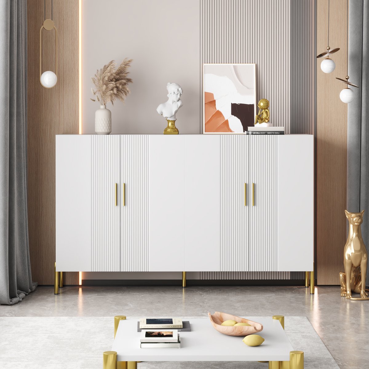 Sweiko Opbergkast - Minimalistisch - 4 Deurs - Dressoirs - Gouden afwerking - Wit
