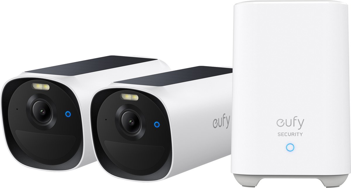 eufy Security eufyCam E40 2-Cam Set (HomeBase 2), draadloze outdoor beveiligingscamera met zonne-energie, 2K-resolutie met ingebouwd zonnepaneel, MaxColor nachtzicht, uitbreidbare lokale opslag, geen maandelijkse kosten