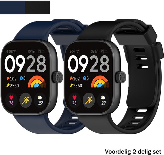 Set van twee smartwatches, één zwart en één donkerblauw, beide met vierkant scherm en siliconen bandje.