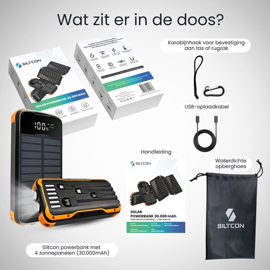 Siltcon® Solar Powerbank Extreme - Powerbank à énergie solaire - Powerbank 30 000 mAh - Pack d'urgence - Chargeur rapide 22,5 W - Voyant LED - Lampe de poche - Compatible iOS/Android - USB-A/USB-C - 4 câbles intégrés - 4 panneaux 8 W