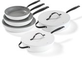BE Living 5-delige Pannenset - Ø 20, 24 & 28 cm Koekenpan + Ø30 cm Wokpan + Ø28 cm Hapjespan - Koekenpannenset - Bakpan - Keramisch - PFAS Vrij Anti Aanbak - Inductie Pannen - Wit - Essential Series