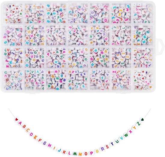 Handi Stitch Perles de l'alphabet AZ en plastique Wit avec boîte (paquet de 1620) – Perle ronde de 7 mm avec lettres colorées et fil de cristal – Breloques de Bijoux pour Bracelets, colliers et Hobby DIY