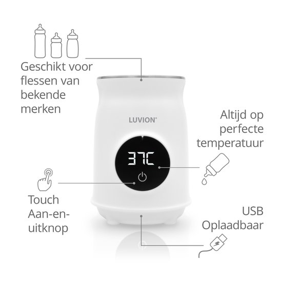 LUVION® Draagbare Flessenwarmer voor onderweg én thuis - Wit - Geschikt voor o.a. Dr. Brown, Philips Avent, Difrax, Medela, Alvar, NUK, MAM en huismerk Kruidvat en Etos babyflessen - Draadloos je baby fles verwarmen van Luvion — afbeelding 4