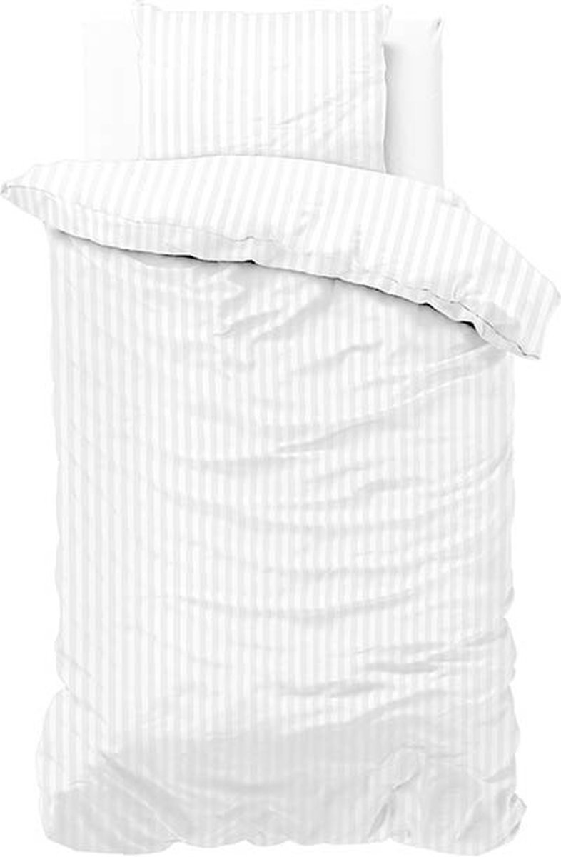 1-persoons dekbedovertrek (dekbed hoes) wit / off-white gestreept met fijne smalle strepen / banen eenpersoons 140 x 220 cm (rustig uni / effen beddengoed / hotel!)