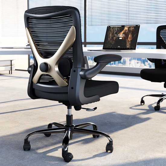 TRALT Ergonomische Bureaustoel – Verstelbare Rugleuning & Lendensteun – Ademend Mesh – 360° Draaibaar – Zwart Goud – Comfortabel voor Langdurig Gebruik – Tot 150 kg