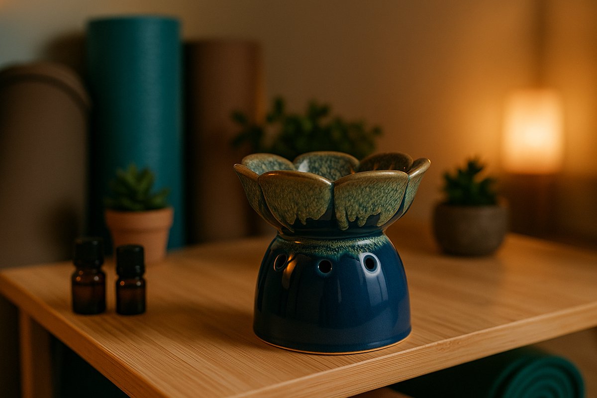 Goedkoopste Aromabrander – Aromaverdamper – Aroma diffuser – Keramiek - Olieverdamper - Aromadamper theelicht – Handgemaakt – Bloem blauw