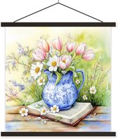 Posterhanger incl. Poster 60x60 cm - Schoolplaat - Vaas - Delftsblauw - Madeliefjes - Textielposter - Zwarte latten