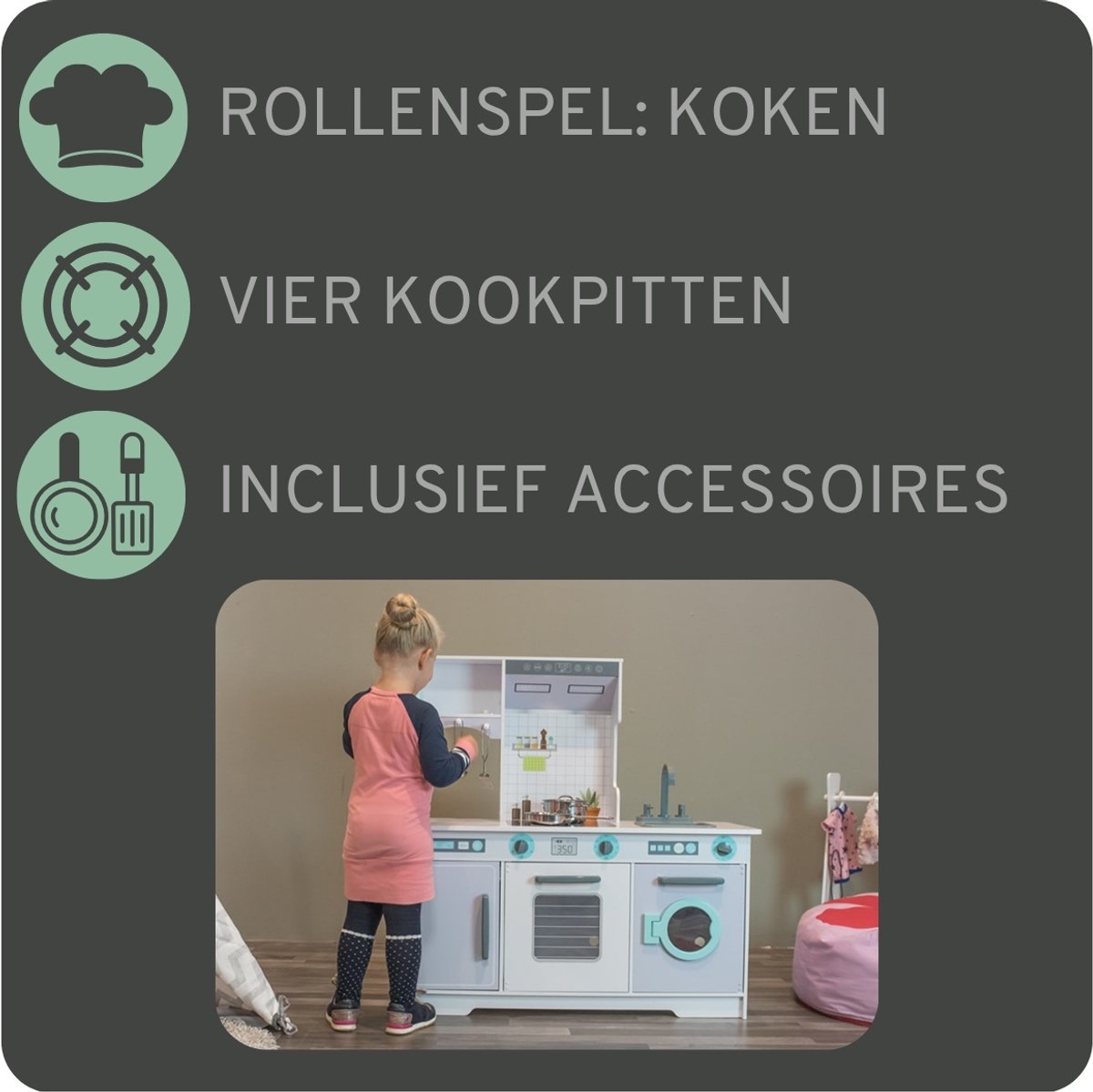 Bandits & Angels Houten Kinderkeuken Dream Kitchen Grijs vanaf 3 jaar voor Jongens en Meisjes - Aanrechthoogte 50 cm - incl. 5 Accessoires - Kinder Keuken - Keukentje Hout — afbeelding 3