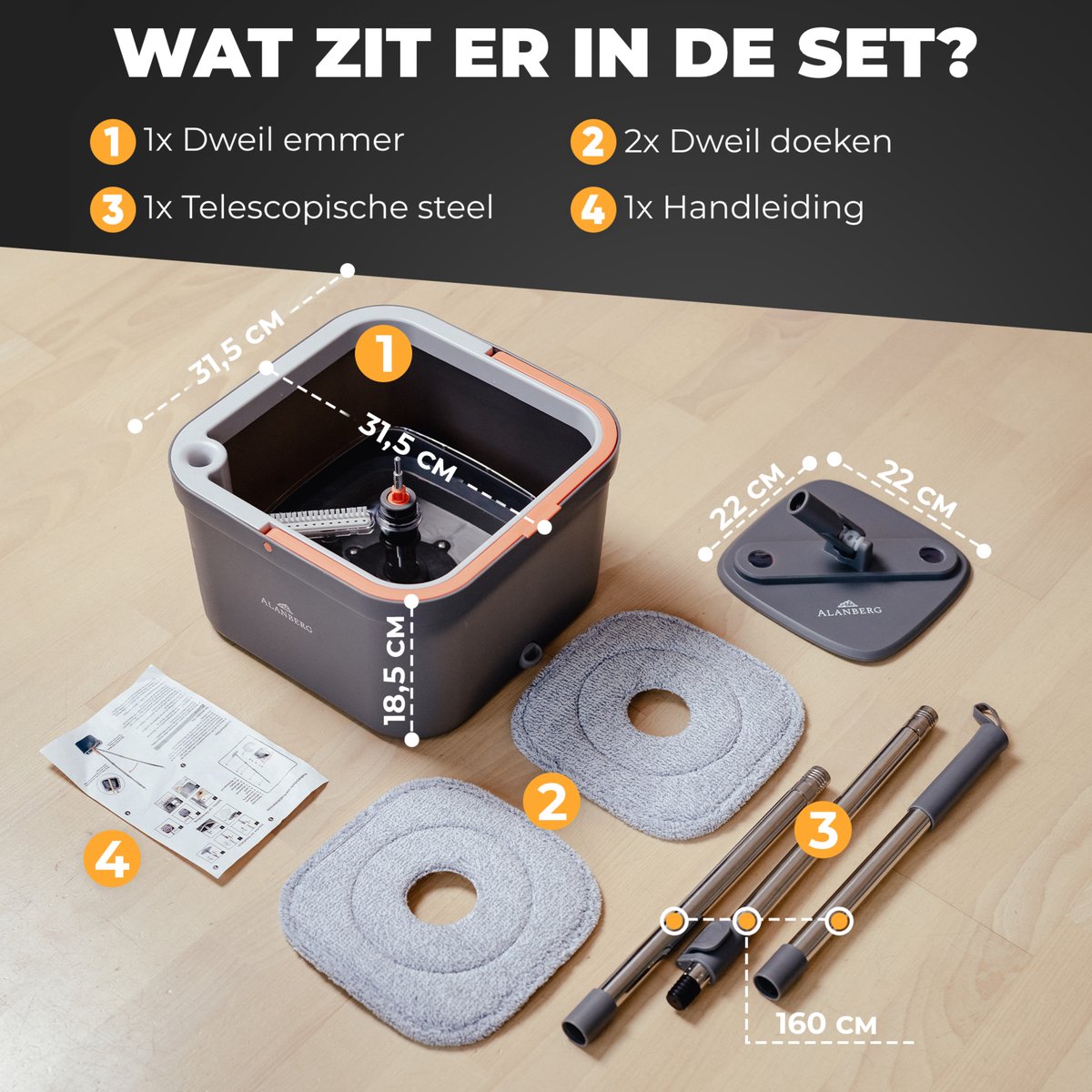 Alanberg® Spinmop Dweilsysteem met Emmer en Wringer – Complete Set incl. Emmer, Steel en 2 Microvezeldoeken – Zelfreinigende Mop voor alle vloertypen – Nat & Droog Gebruik, Grijs thumbnail 3