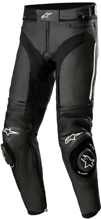 Pantalon de moto Alpinestars noir avec accents blancs et logos sur les genoux et les hanches.