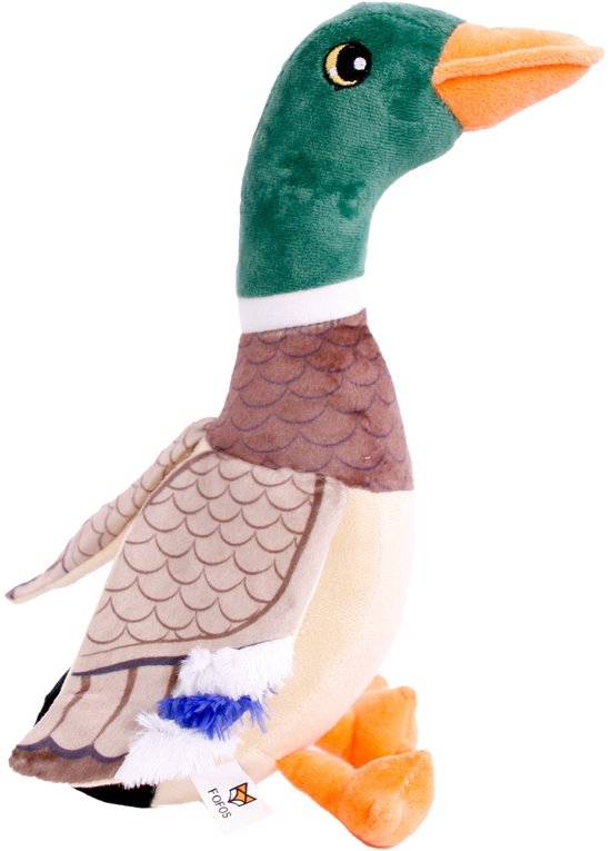 Pluche wilde eend met groene kop, oranje snavel en bruine, beige veren.