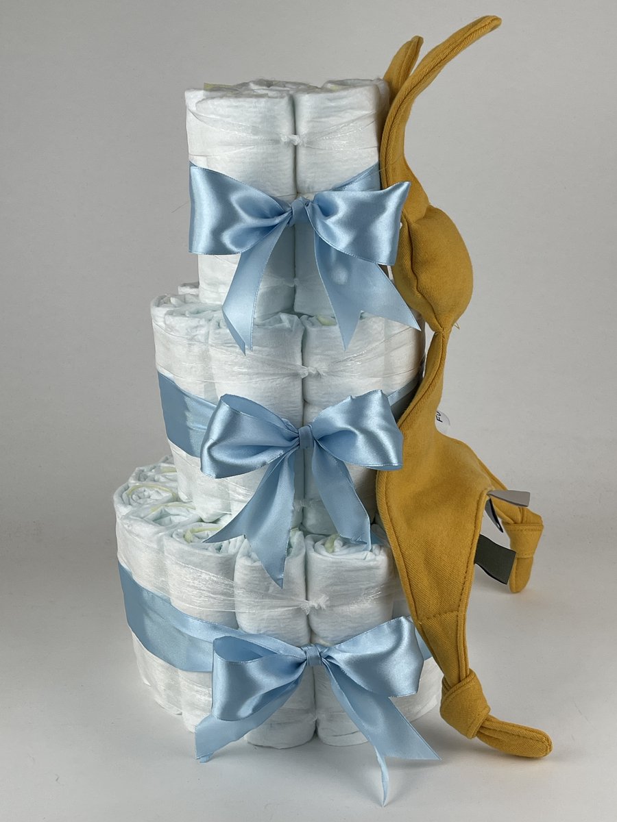 Chouette-Chouette | Luiertaart Jongen | Kraamcadeau | Geboorte Jongen | Babyshower | Knuffeldoek Konijn Snoes Oker - Blauw