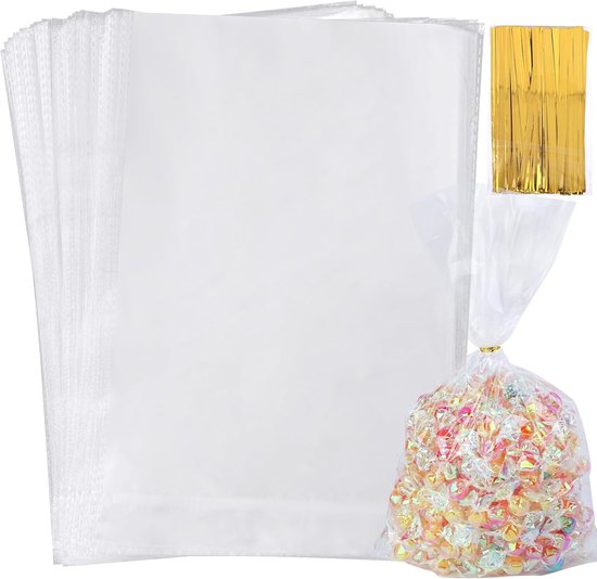 200 stuks snoepzakjes, transparante koekjeszakjes, 10 x 15 cm, cellofaanzakjes, klein met metalen bindband en ronde stickers voor bruiloft, picknick, kinderverjaardag, gastgeschenkzakjes