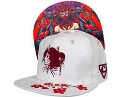 Capiche® Snapback Pet – Robot Geisha – Wit Kunstleer & Rode Kersenbloesem – Verstelbaar met Druksluiting – Pet Mannen – Futuristische Pet Robot Collectie met Cherry Blossom