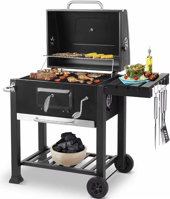 Nyvore - Houtskool BBQ 3 delig - thermometer & RVS afwerking - Grill oppervlakte 61,5x46 cm - Zij panelen - Zwart