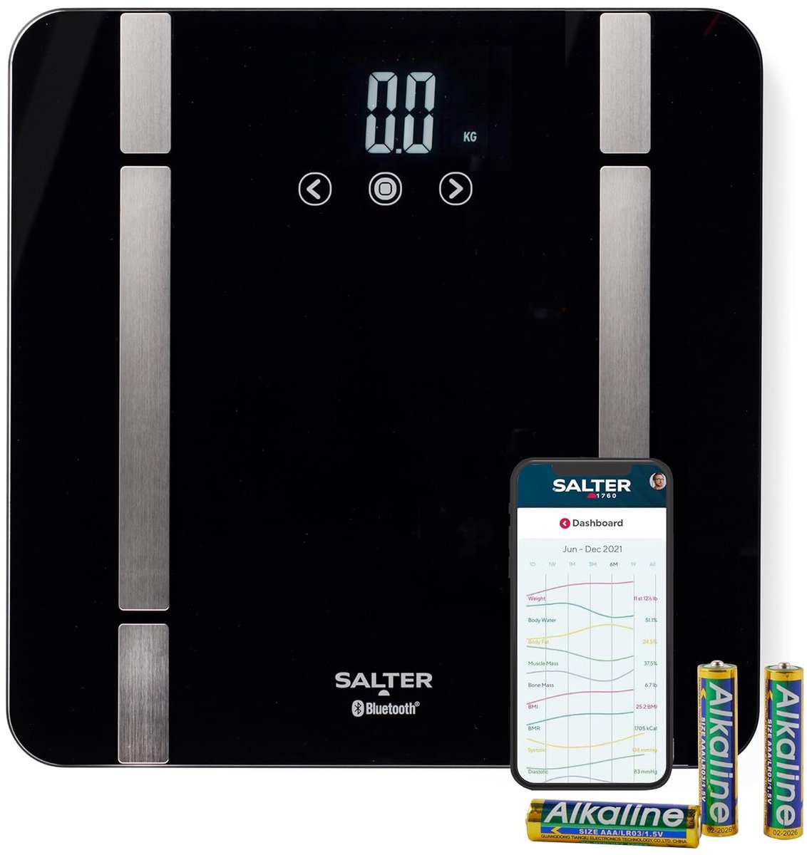 Slimme Digitale Badkamerschaal met Bluetooth - 200 kg Capaciteit, Meet Gewicht, Lichaamsvet, Water, Spier- en Botmassa, BMI & BMR, 8 Gebruikersgeheugen, Zwart