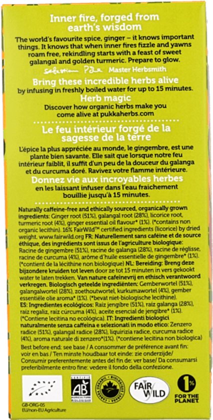 Verpakking van Pukka three ginger thee met ingrediënteninformatie en certificeringen.