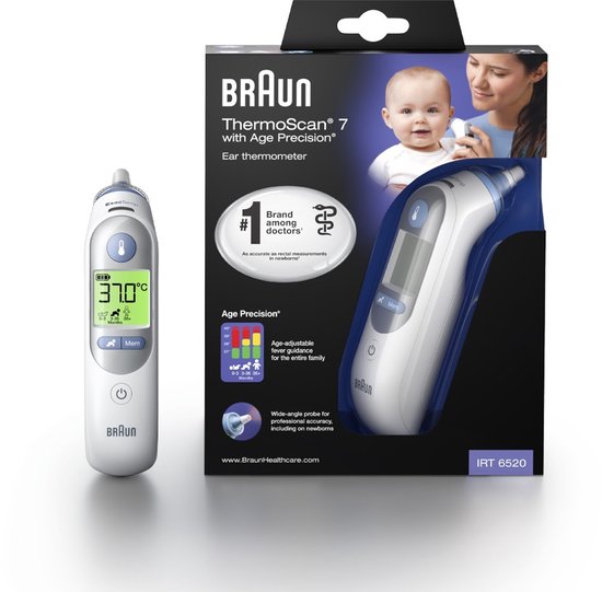 Braun Thermoscan 7 oorthermometer met Age Precision technologie. Doos toont thermometer, baby en moeder.